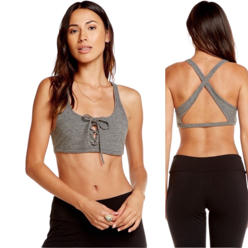 Chaser Heather Gray Lace Up Cross Back Sports Bra Bralette M